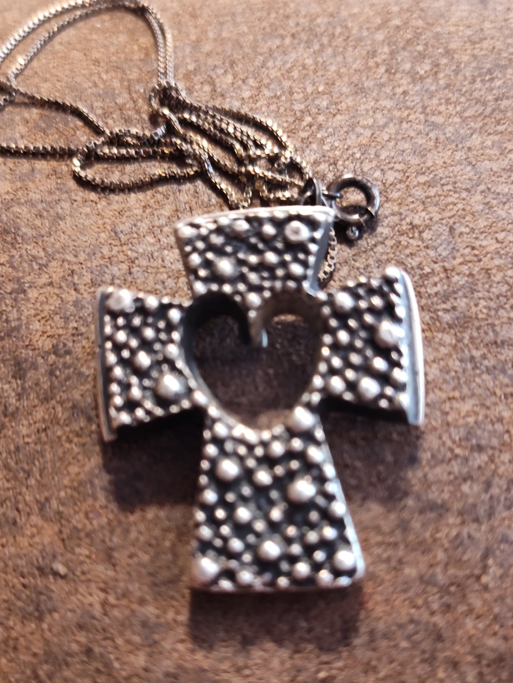 Vintage Sterling Silver Textured Cross  Necklace Heart Cutout 1.5 Inch Pendant